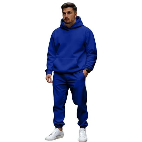 Nokdvo Mens Hoodie Set Long Sleeve Set with Pockets Solid Color Hooded Sweatshirt and Sweatpants Workout Athletic Running Training Outdoor Hooded Outfit,Royal Blue M
