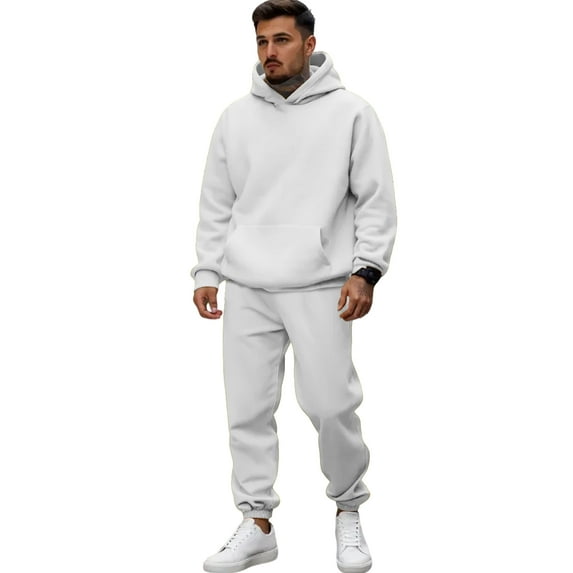 Nokdvo Mens Hoodie Set Long Sleeve Sets with Pockets Solid Color Hoodie and Sweatpants Set Athletic Training Lounge Fashion Sport Sportswear,White L