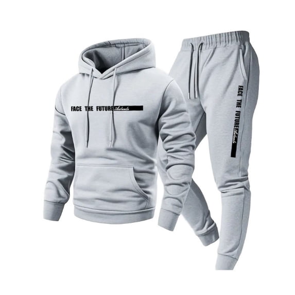 Nokdvo Mens Hoodie Sets 2 Piece Outfits Fashion 2025 Fleece Letter Print Drawstring Hoodie and Sweatpants Fall Winter Hooded Solid Color Ribbed Pullover Set with Pocket,Light Gray L