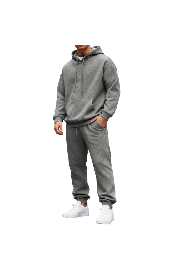 Mens Hoodie Sets 2 Piece Outfits Trendy Fleece Letter Print Drawstring Hoodie and Sweatpants Fall Winter Hooded Solid Color Ribbed Sweatsuit Sets with Pocket,Gray 3XL
