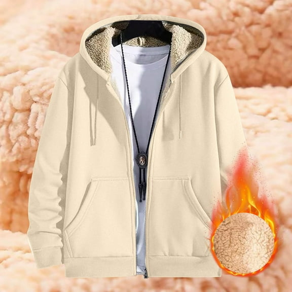 Nokdvo Mens Jacket Long Sleeve Fleece Hoodie Big and Tall Zip Up Sherpa Jackets Winter Warm Fashion Coat with Hood Beige 3XL