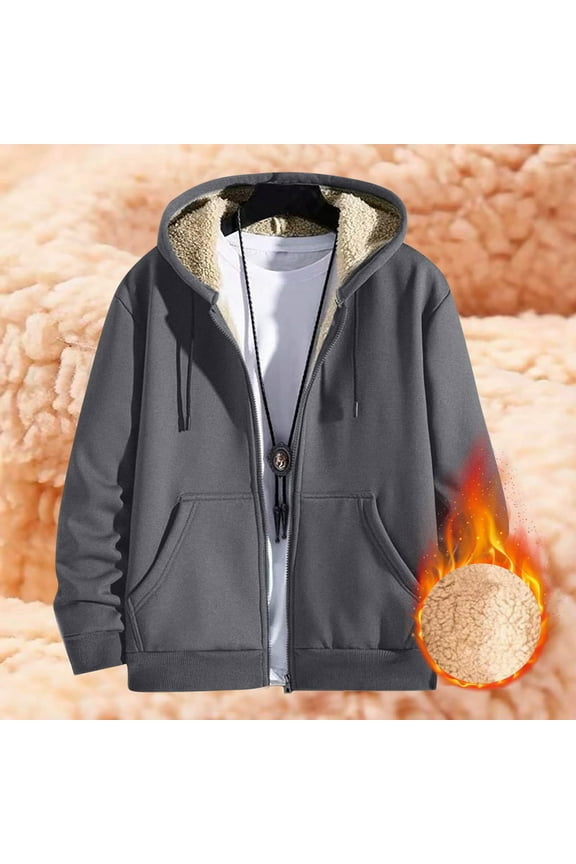 Mens Jacket Long Sleeve Fleece Hoodies Big and Tall Full Zip Sherpa Jackets Winter Thick Plus Size Coats with Hood Gray 3XL