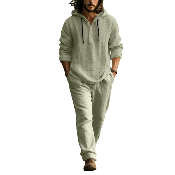 Nokdvo Mens Linen Sets 2 Piece Outfits Fashion Elastic Waist Drawstring Hoodie Suit Spring Summer Button Casual Henley Sweatsuits with Pocket,Army Green 2XL