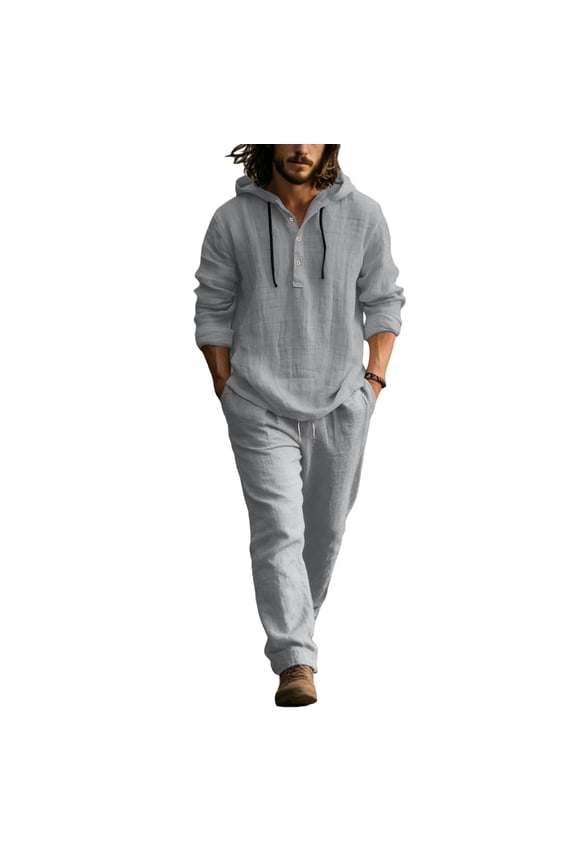 Mens Linen Suits 2 Piece Lightweight Elastic Waist Drawstring Hoodie Suit Spring Summer Button Casual Henley Sweatsuits with Pocket,Gray 3XL