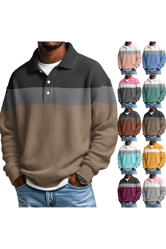 Mens Long Sleeve Polo Shirts Waffle Button Shirt Collared Textured Knit Pullovers Color Block Slim Fit Fashion Winter Classic Comfort Golf Pullover Sweater,Dark Purple 3XL