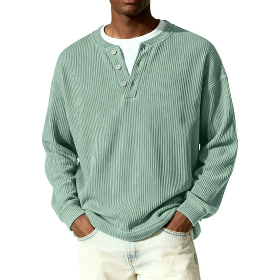 Nokdvo Mens Long Sleeve Waffle Shirt Plus Size Quarter Button Up Henley Casual Pullover Tops Fall Winter Textured Knit Solid Color Loose Workout Shirts,Mint Green 2XL