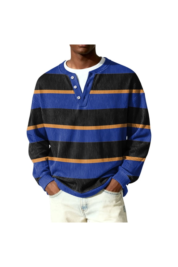 Mens Long Sleeve Waffle Shirts Trendy Striped Quarter Button Up Henley Casual Tops Fall Winter Quilted Knit Solid Color Loose Workout Shirts,Blue XL