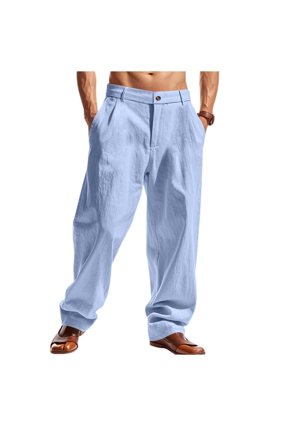 Mens Pants Linen Fashion Button Down Straight Leg Sweat Pants Spring Summer Casual Relaxed Fit Pants with Pockets,Light Blue XL