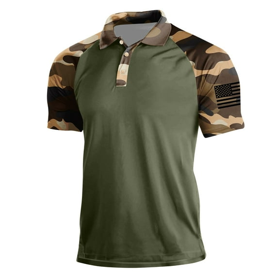 Nokdvo Mens Short Sleeve Polo Shirts American Flag Graphic Camouflage Print Shirts Button Lapel Stretch Polo Shirts Vintage Slim Fit Print Fashion Causal Tees,Deep Green XL