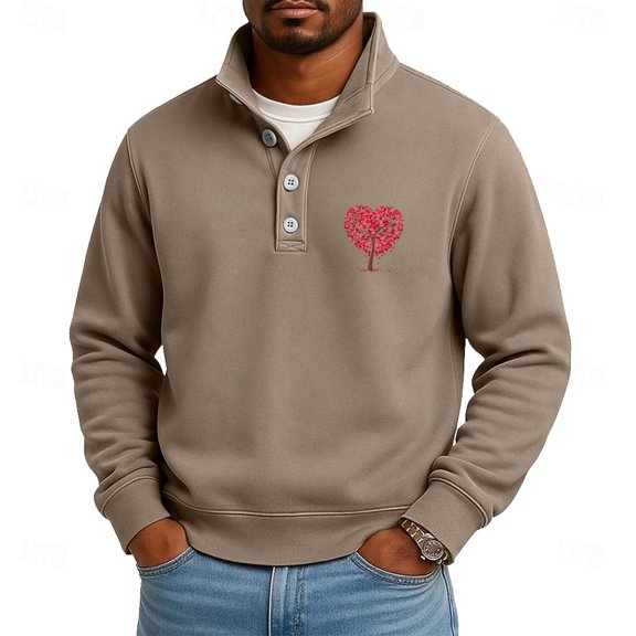 Nokdvo Mens Stand Collar Sweatshirt Lightweight Stand Collar Button-Down Sweatshirts Baggy Fall Winter Printed Solid Color Casual Long Sleeve Pullover Tops,Khaki L