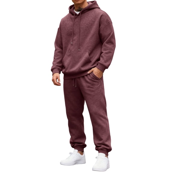Nokdvo Mens Sweat Sets 2 Piece Outfits Fashion Fleece Letter Print Drawstring Hoodie and Sweatpants Fall Winter Hooded Solid Color Ribbed Sweat Suit Sets with Pocket,Wine XL