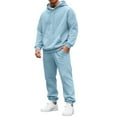 thumbnail image 1 of Nokdvo Mens Sweat Sets 2 Piece Outfits Lightweight Fleece Letter Print Drawstring Hoodie and Sweatpants Fall Winter Hooded Solid Color Ribbed Sweat Suit Sets with Pocket,Light Blue XL, 1 of 4
