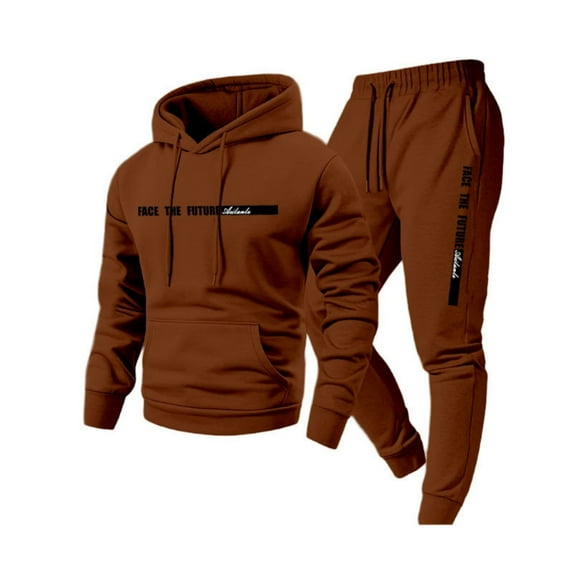 Nokdvo Mens Sweat Suits 2 Piece Set Fashion 2025 Fleece Letter Print Drawstring Hoodie and Sweatpants Fall Winter Hooded Solid Color Ribbed Sweatsuit Sets with Pocket,Coffee L