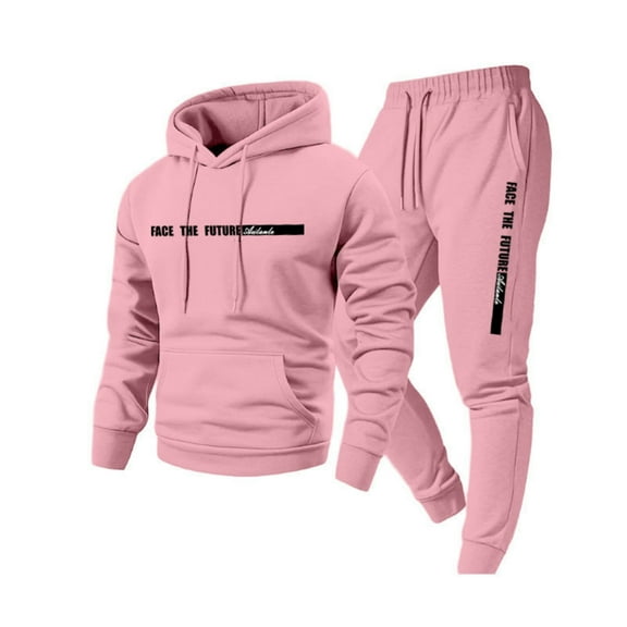 Nokdvo Mens Sweat Suits 2 Piece Set Sherpa Fleece Letter Print Drawstring Hoodie and Sweatpants Fall Winter Hooded Solid Color Ribbed Sweatsuit Sets with Pocket,Pink M