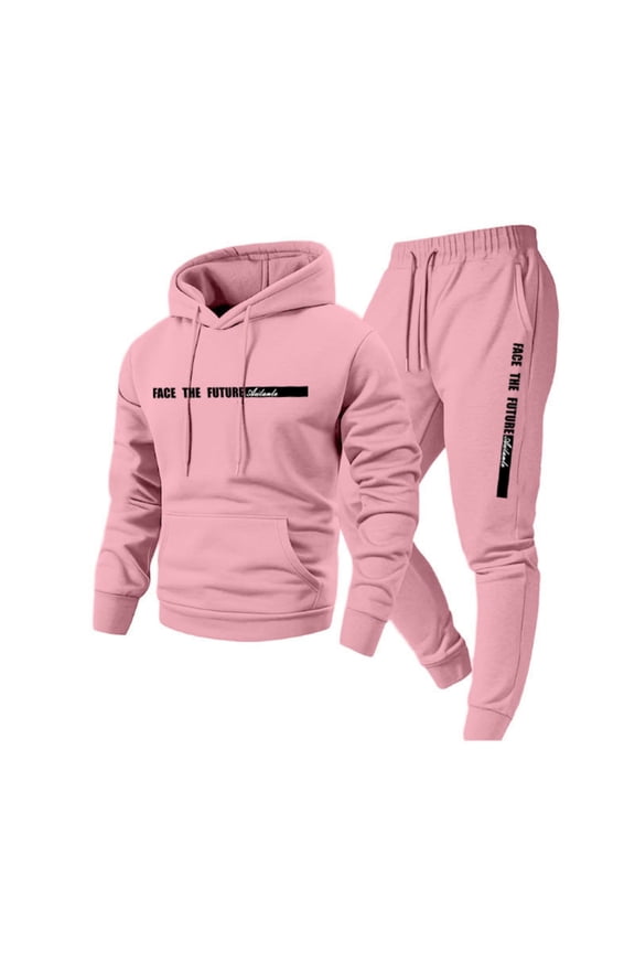 Mens Sweat Suits 2 Piece Set Sherpa Fleece Letter Print Drawstring Hoodie and Sweatpants Fall Winter Hooded Solid Color Ribbed Sweatsuit Sets with Pocket,Pink M