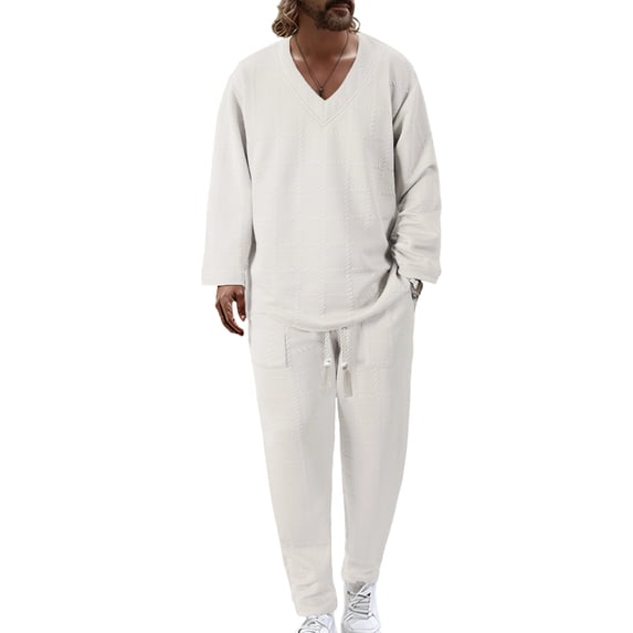 Nokdvo Mens Sweat Suits 2 Piece Set Sherpa V Neck Baggy Jacquard Sweatshirt Fall Winter Drawstring Solid Color Long Sleeve Casual Sweatsuits with Pockets,White 3XL