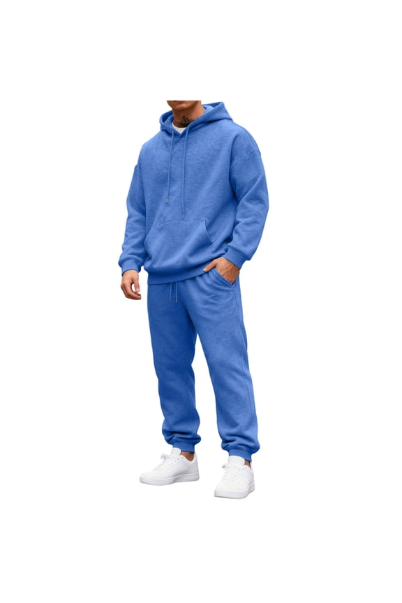 Mens Sweatpants Sets 2 Piece Outfits Fashion 2025 Fleece Letter Print Drawstring Hoodie and Sweatpants Fall Winter Hooded Solid Color Ribbed Pullover Set with Pocket,Blue XL