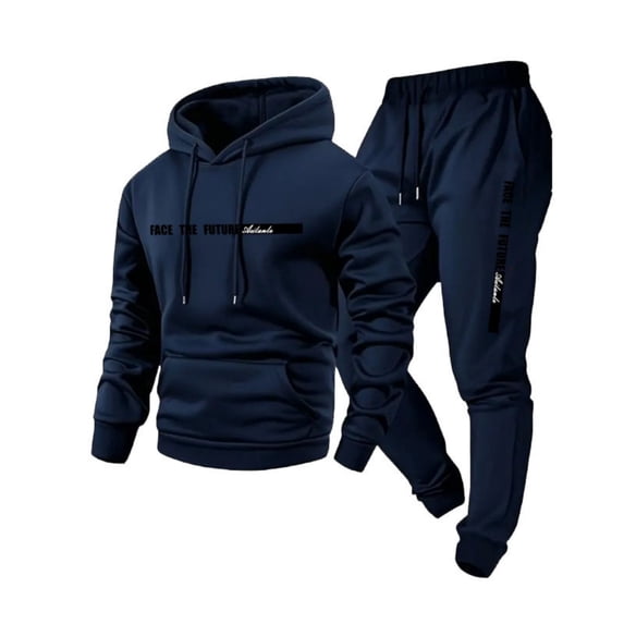 Nokdvo Mens Sweatpants Sets 2 Piece Outfits Lightweight Fleece Letter Print Drawstring Hoodie and Sweatpants Fall Winter Hooded Solid Color Ribbed Sweat Suit Sets with Pocket,Navy 3XL