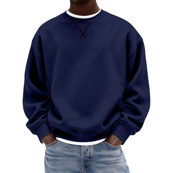 Nokdvo Mens Sweatshirts Crewneck Long Sleeve Sweatshirt Solid Color New X Decoration Pullover Casual Basic Thermal Relaxed Fit Tops,Navy S