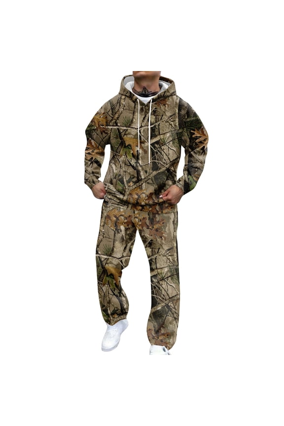 Mens Sweatsuit Camo Print Maple Leaf Hoodie Sweatpants Set with Kangaroo Pockets Long Sleeve Outfits Oversized Fashion Jogging Lounge Outfits Tracksuit,Deep Green 2XL