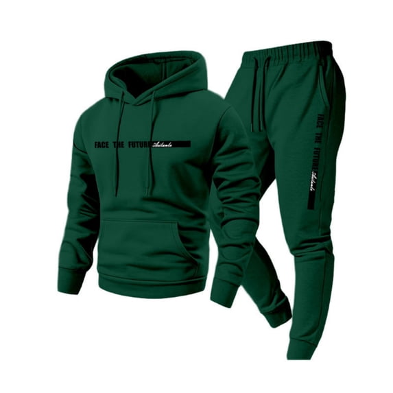 Nokdvo Mens Sweatsuit Sets Fashion Fleece Letter Print Drawstring Hoodie and Sweatpants Fall Winter Hooded Solid Color Ribbed Sweat Suit Sets with Pocket,Dark Green L