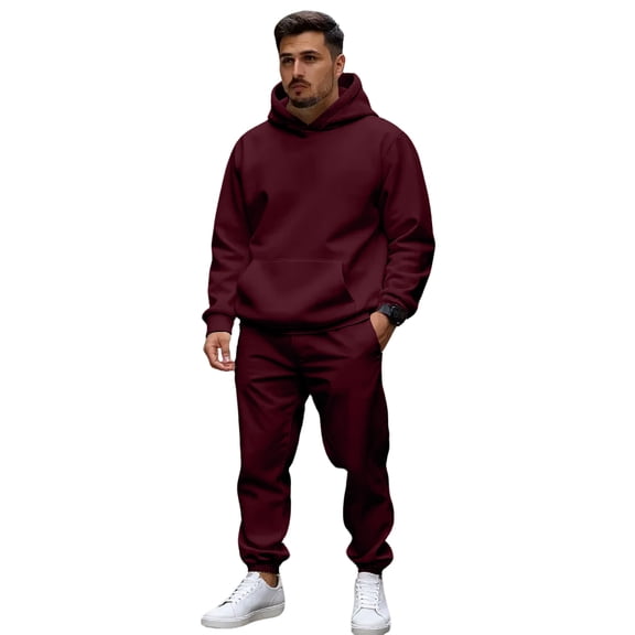 Nokdvo Mens Sweatsuits 2 Piece Set Long Sleeve Sets with Pockets Solid Color Hoodies and Sweatpants Workout Athletic Running Training Outdoor Hooded Outfit,Wine L