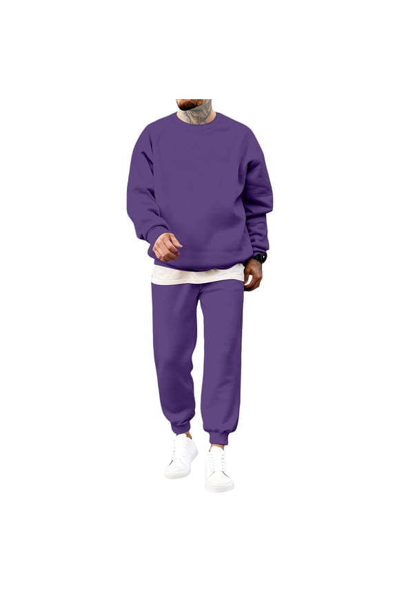 Mens Sweatsuits 2 Piece Set Long Sleeves Crewneck Sweatsuit Set Stretchy Solid Color Tracksuits with Pockets Athletic Casual Fall Winter Warm Comfy Tops and Pants Sweatsuits,Purple L