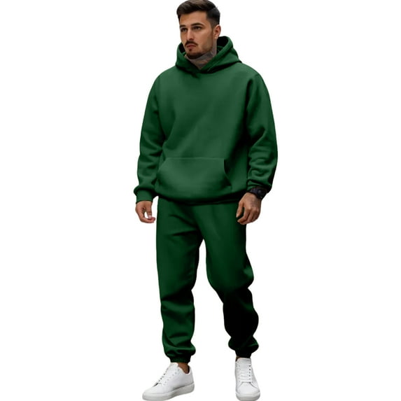 Nokdvo Mens Sweatsuits Long Sleeve Tracksuit with Pockets Solid Color Hoodies and Sweatpants Workout Athletic Running Training Outdoor Activewear,Dark Green S
