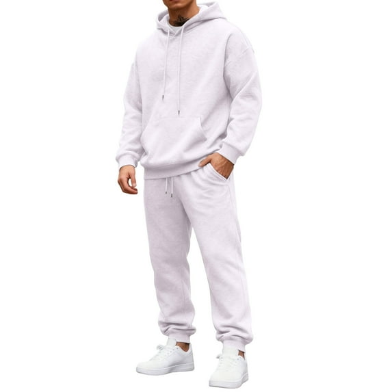Nokdvo Mens Tracksuit 2 Piece Lightweight Fleece Letter Print Drawstring Hoodie and Sweatpants Fall Winter Hooded Solid Color Ribbed Sweatsuit Sets with Pocket,White M