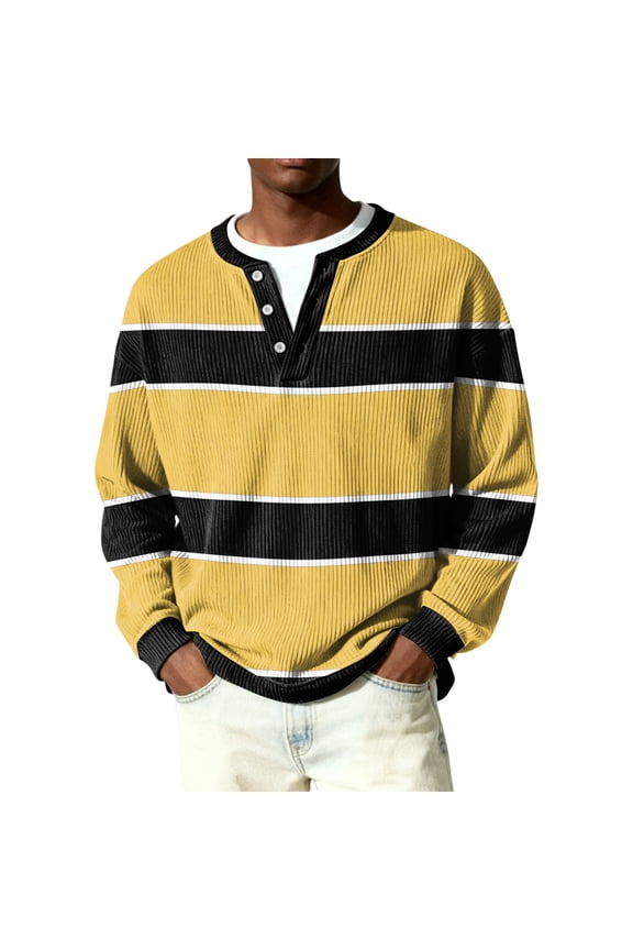Mens Waffle Knit Long Sleeve Shirt Lightweight Striped 1/4 Button Up Henley Casual Pullover Fall Winter Quilted Knit Solid Color Loose Sweaters,Yellow M