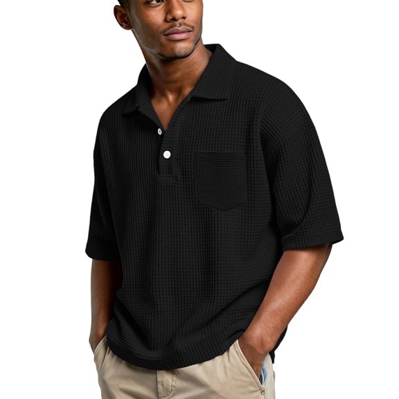 Nokdvo Mens Waffle Knit Polo Shirt Short Sleeve Button Up Shirts with Pocket Collared Golf Shirt Lightweight Big and Tall Relaxed Fit Comfort Clothing,Black S