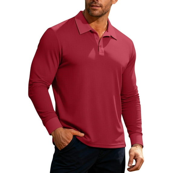 Nokdvo Mens Waffle Knitted Shirt Long-Sleeved Collared Shirts Button Front Solid Color T-Shirt Outdoor Workout Spring Fall Casual Classic Workwear,Deep Red M