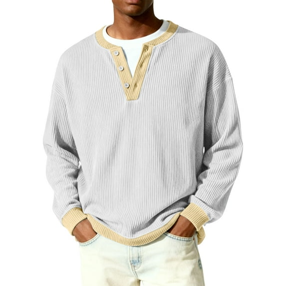 Nokdvo Mens Waffle Long Sleeve Shirt Big and Tall 1/4 Button Up Henley Casual Pullover Tops Fall Winter Textured Color Block Loose Workout Shirts,White 2XL