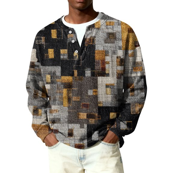 Nokdvo Mens Waffle Long Sleeve Shirt Sherpa Plaid Quarter Button Up Henley Casual Sweaters Fall Winter Quilted Knit Solid Color Loose Tops,Black M