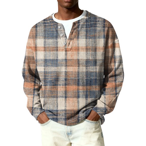 Nokdvo Mens Waffle Shirts Long Sleeve Fashion Plaid Quarter Button Up Henley Casual Sweaters Fall Winter Quilted Knit Solid Color Loose Shirt,Light Brown 2XL