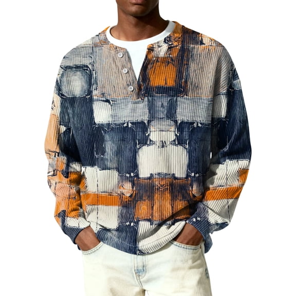 Nokdvo Mens Waffle Shirts Long Sleeve Lightweight Plaid 1/4 Button Up Henley Casual Sweaters Fall Winter Quilted Knit Solid Color Loose Pullover,Navy 2XL