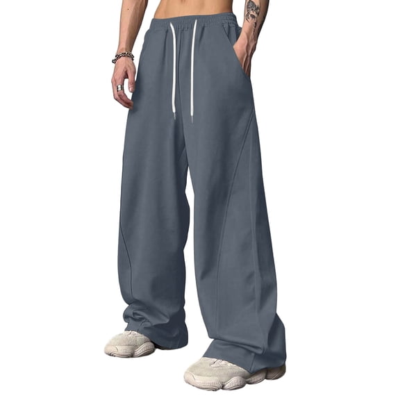Nokdvo Mens Wide Leg Sweatpants Plus Size Drawstring Elastic Waist Wide Leg Long Pants Fall Winter Baggy Casual Sweatpants with Pocket,Dark Gray M