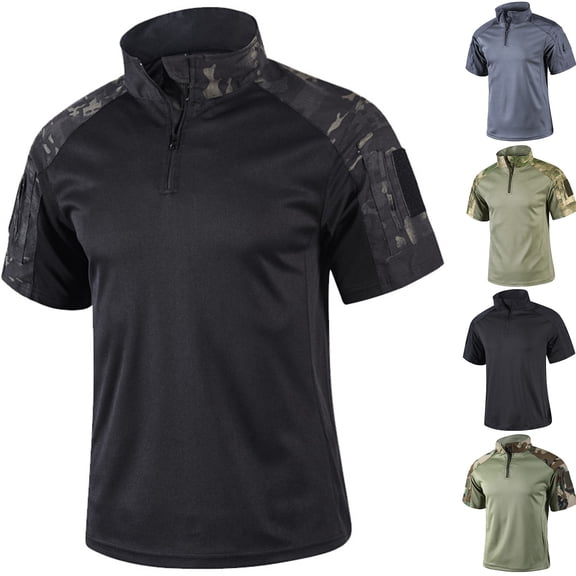 Nokdvo Military Combat Shirt for Men Short Sleeves Camo Printed Shirts 1/4 Zipper Stretch Tops Military Combat Athletic Moisture Wicking T-Shirts,Complexion XL