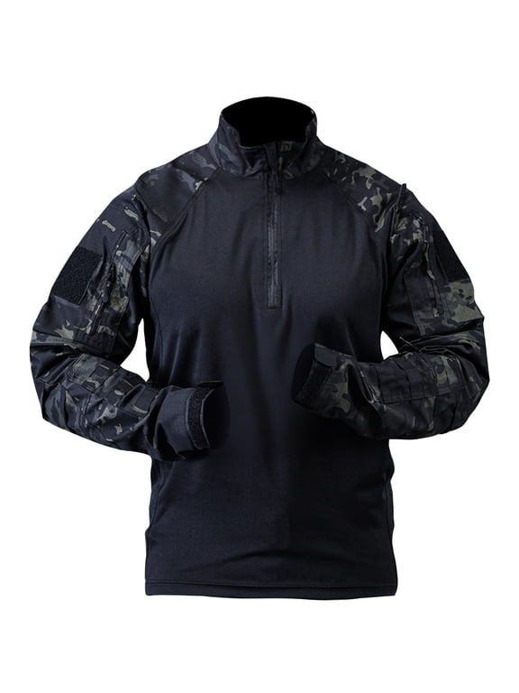 Military Long Sleeve Shirts for Men Camouflage Print 1/4 Zipper Shirts Stretch Raglan Tops with Pockets Military Combat Athletic Moisture Wicking T-Shirts,Zebra M