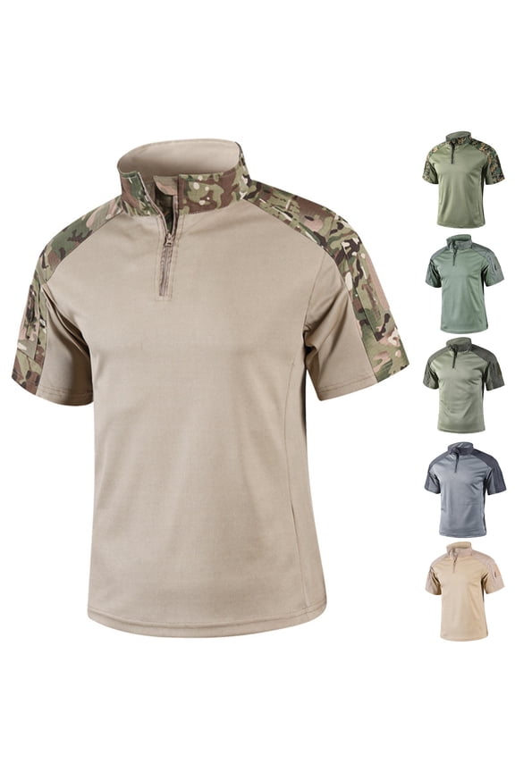 Military Short Sleeve T-Shirt for Men with Zipper Camo Printed Shirt Stretch Raglan Top Military Combat Athletic Moisture Wicking T-Shirts,Complexion 2XL