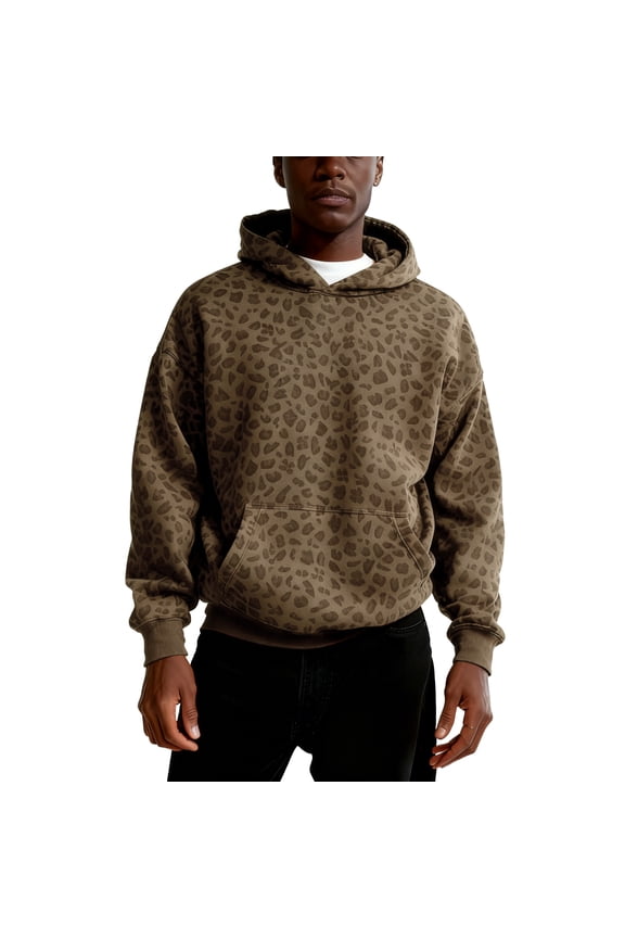 Novelty Long Sleeve Hoodie for Men Cheetah Drop Shoulder Hoodies Kangaroo Pocket Leopard Print Pullovers Top Hip Hop Trendy Graphic Vintage Clothes,Light Brown S