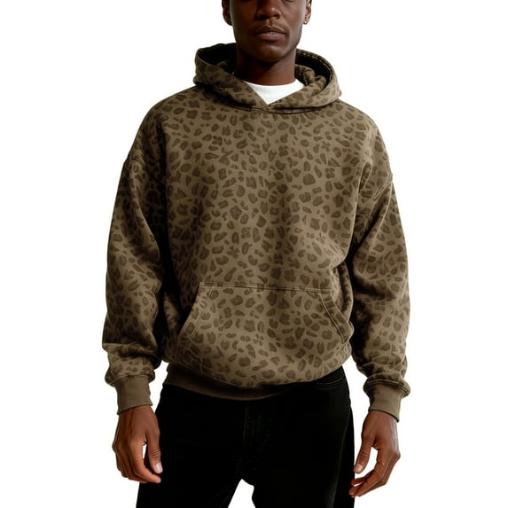 Nokdvo Novelty Long Sleeve Hoodie for Men Leopard Graphic Drop Shoulder Sweatshirts with Pocket Leopard Print Pullover Tops Funny Fashion Y2k 90s Vintage Streetwear Hoodies,Light Brown M