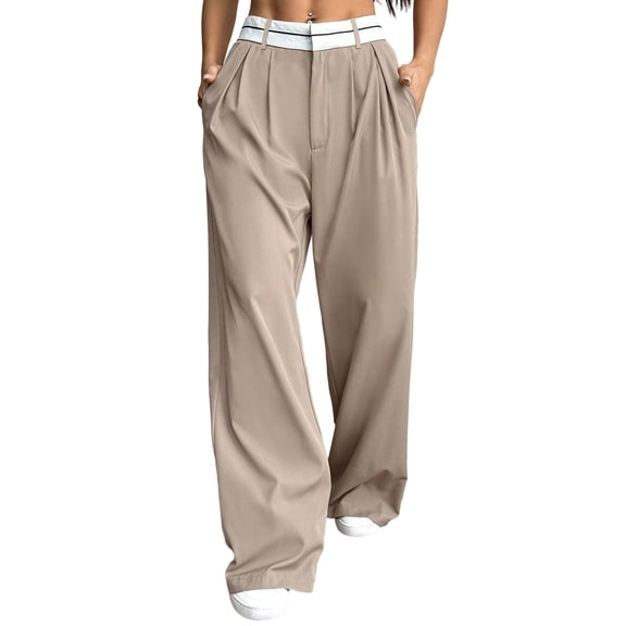 Nokdvo Pleated Slacks for Women Fashion 2025 Zipper High Waist Loose Fit Suit Pants Fall Winter Baggy Casual Pants with Pocket,Khaki XL