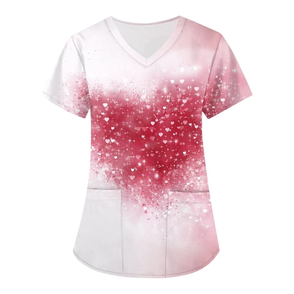 Nokdvo Print Scrub Tops Women Fashion Valentines Print V Neck Baggy Nurse Uniform Shirts Casual Short Sleeve Fall Medical Uniform with Pockets,Pink M