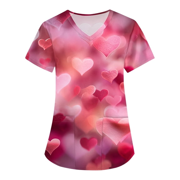 Nokdvo Printed Scrub Tops Sherpa Valentine Printed V Neck Baggy Nursing Scrub Shirts Casual Short Sleeve Fall Caregiver Uniform Top with Pockets,Wine XL