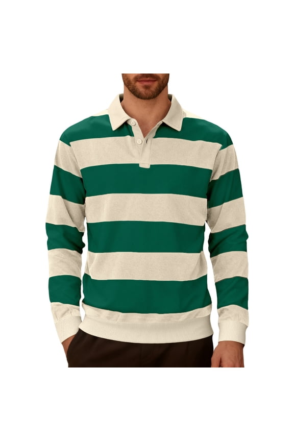Rugby Shirts for Men Long-Sleeved Striped Sweater Collared Color-Blocked Pullover Button Front Loose Going Out Baggy Casual Fashion Outfits,Deep Green M