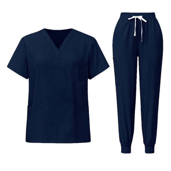 Nokdvo Scrub Set for Women Plus Size V Neck Tops & Trouser Elastic Drawstring Scrubs Set Spring Summer Loose Nurse Workwear with Pocket,Navy S