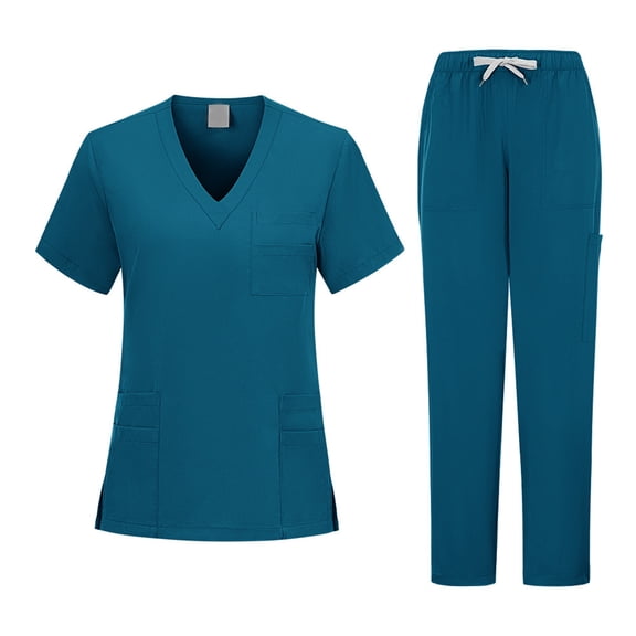 Nokdvo Scrubs for Women Set Sherpa V Neck Top & Pants Elastic Waist Drawstring Works Clothe Spring Summer Loose Nursing Scrubs Set Multi Pocket,Blue S