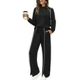 thumbnail image 1 of Nokdvo Sets Women 2 Piece Outfits Plus Size Casual Long Sleeve Pullover Tops Round Neck Drawstring Wide Leg Leg Slit Pants Striped Fall Winter Sweatshirts Set with Pockets,Black L, 1 of 3