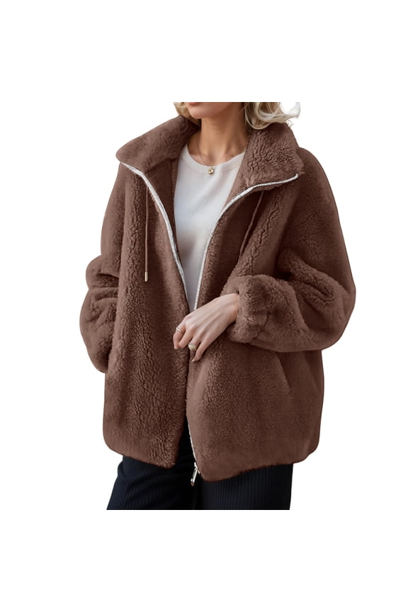 Sherpa Jackets for Women Soft Comfy Fluffy Fleece Zipper Cardigan Stand Collar Long Sleeve Drawstring Casual Outerwear with Pockets,Brown XL